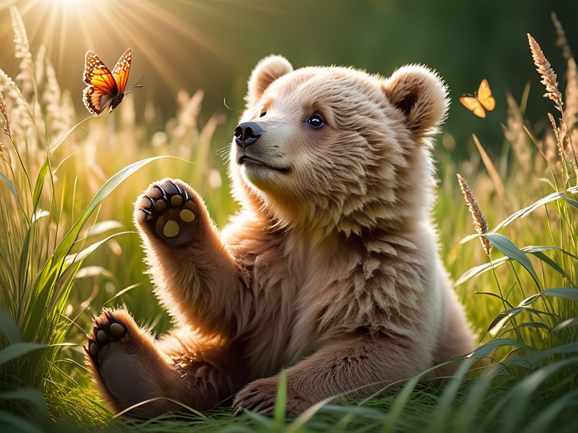 Fluffy cub explores grass and butterflies in sunlight