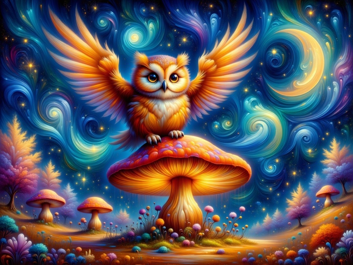 Majestic Owl on Oversized Mushroom in Dreamlike Scene