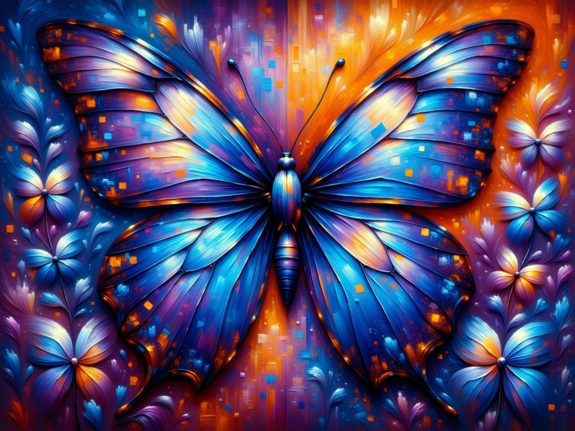 Vibrant Butterfly with Blue and Orange Floral Elements