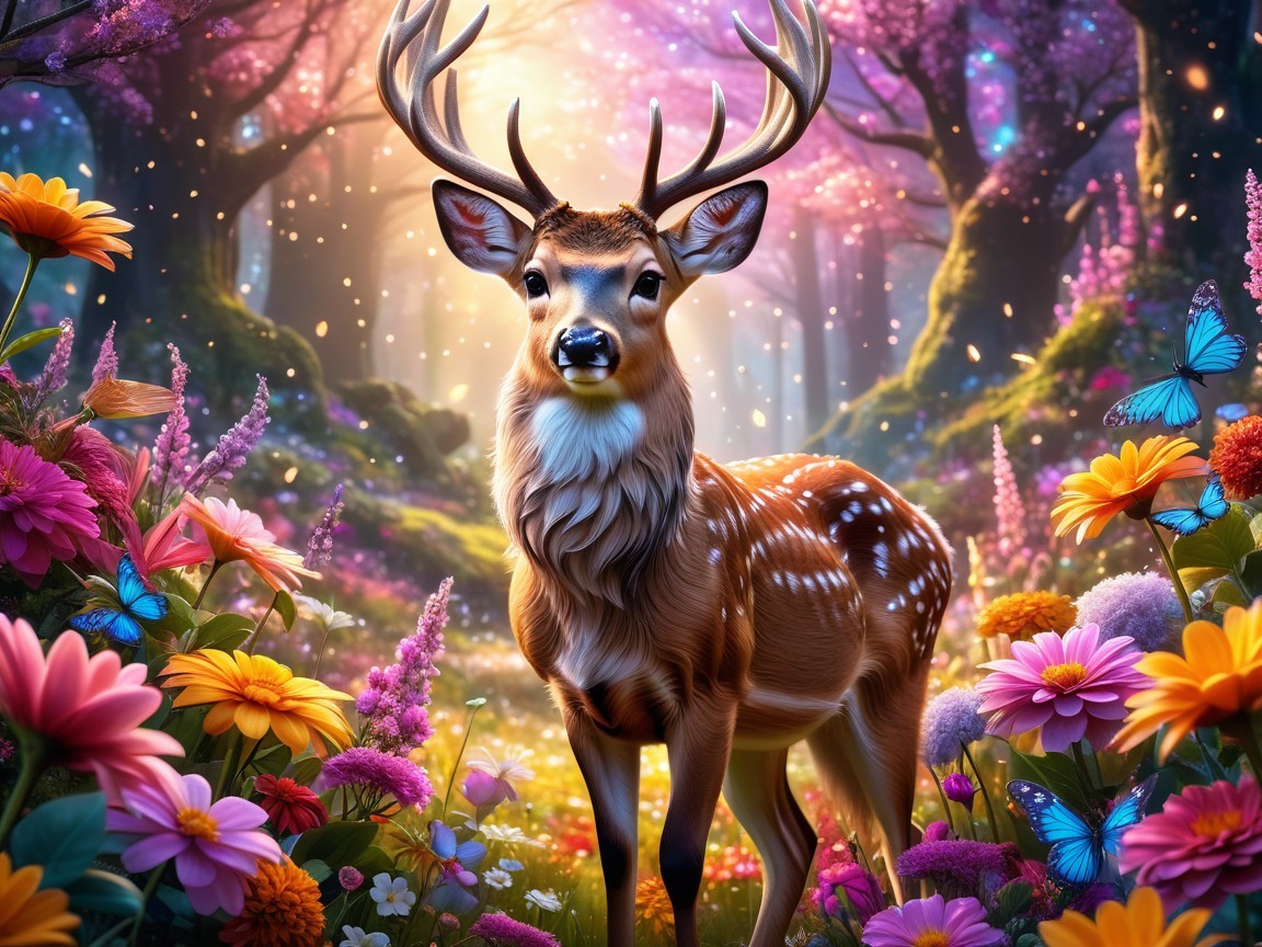 Serene forest scene with deer and vibrant flowers