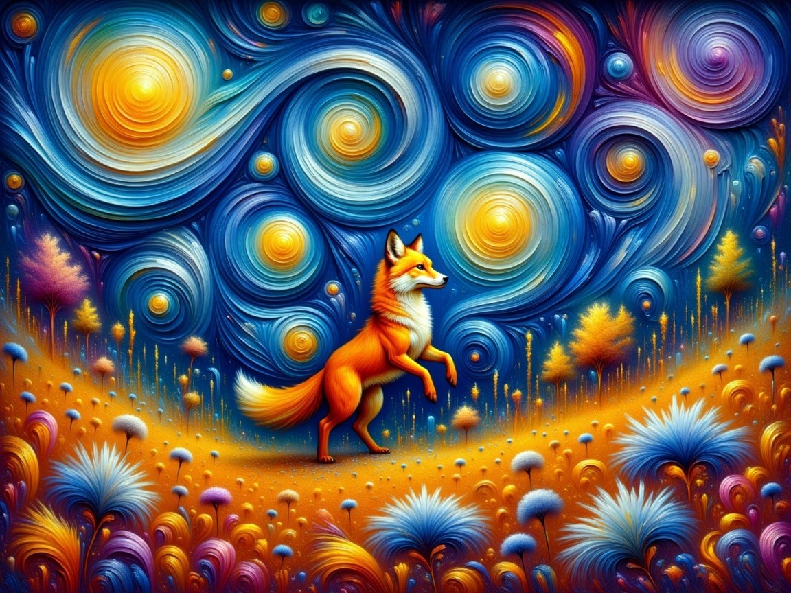 Vibrant Landscape with Fox and Abstract Flowers