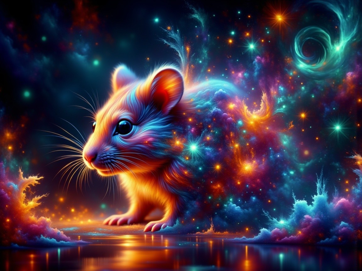 Cosmic Illustration of a Colorful Mouse in Space