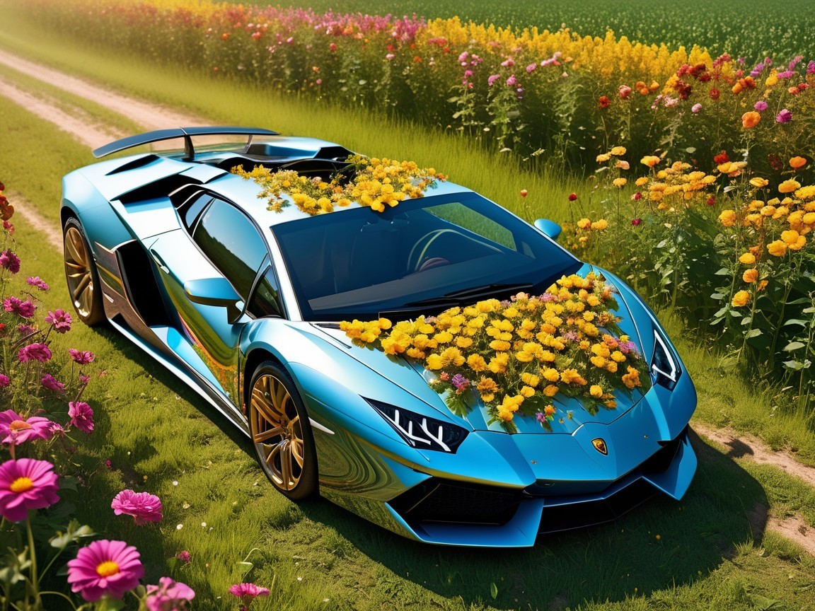 Blue Sports Car Surrounded by Flowers and Greenery