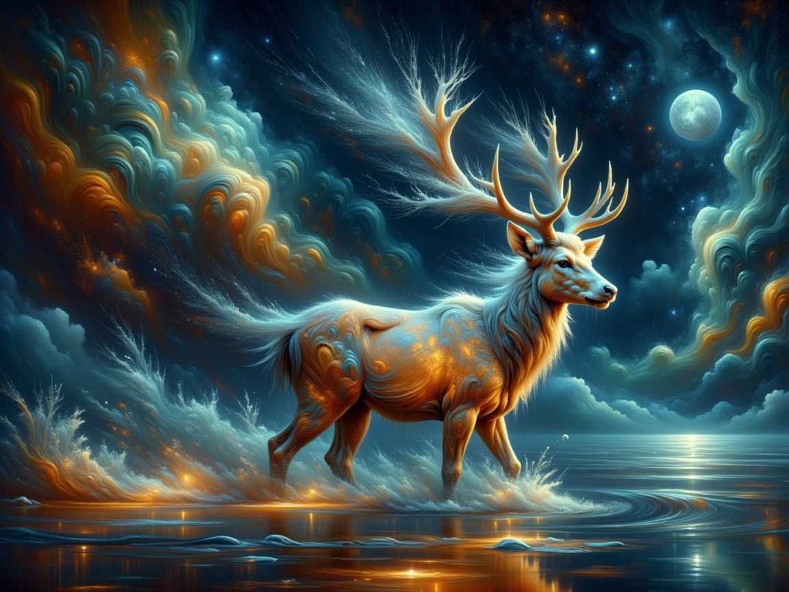 Majestic stag in shimmering waves under cosmic sky