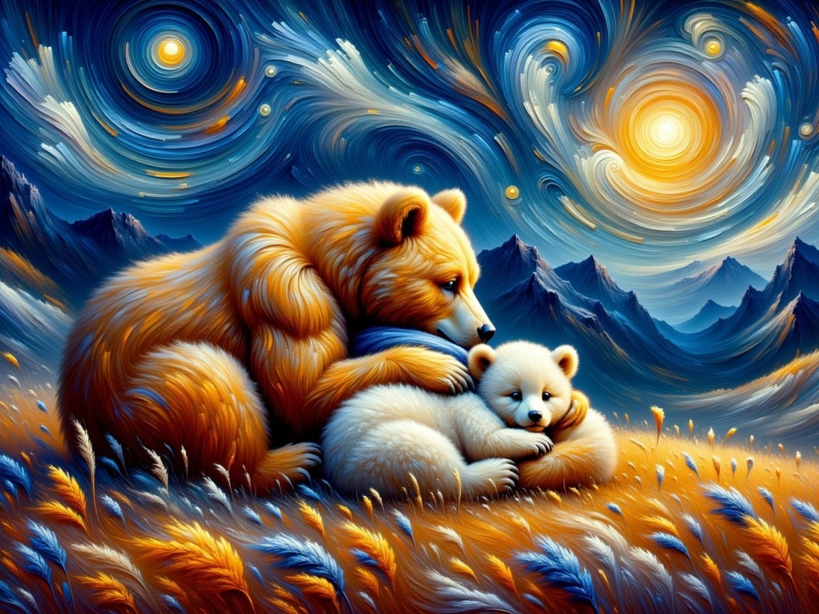 Mother Bear and Cub in Vibrant Landscape Scene