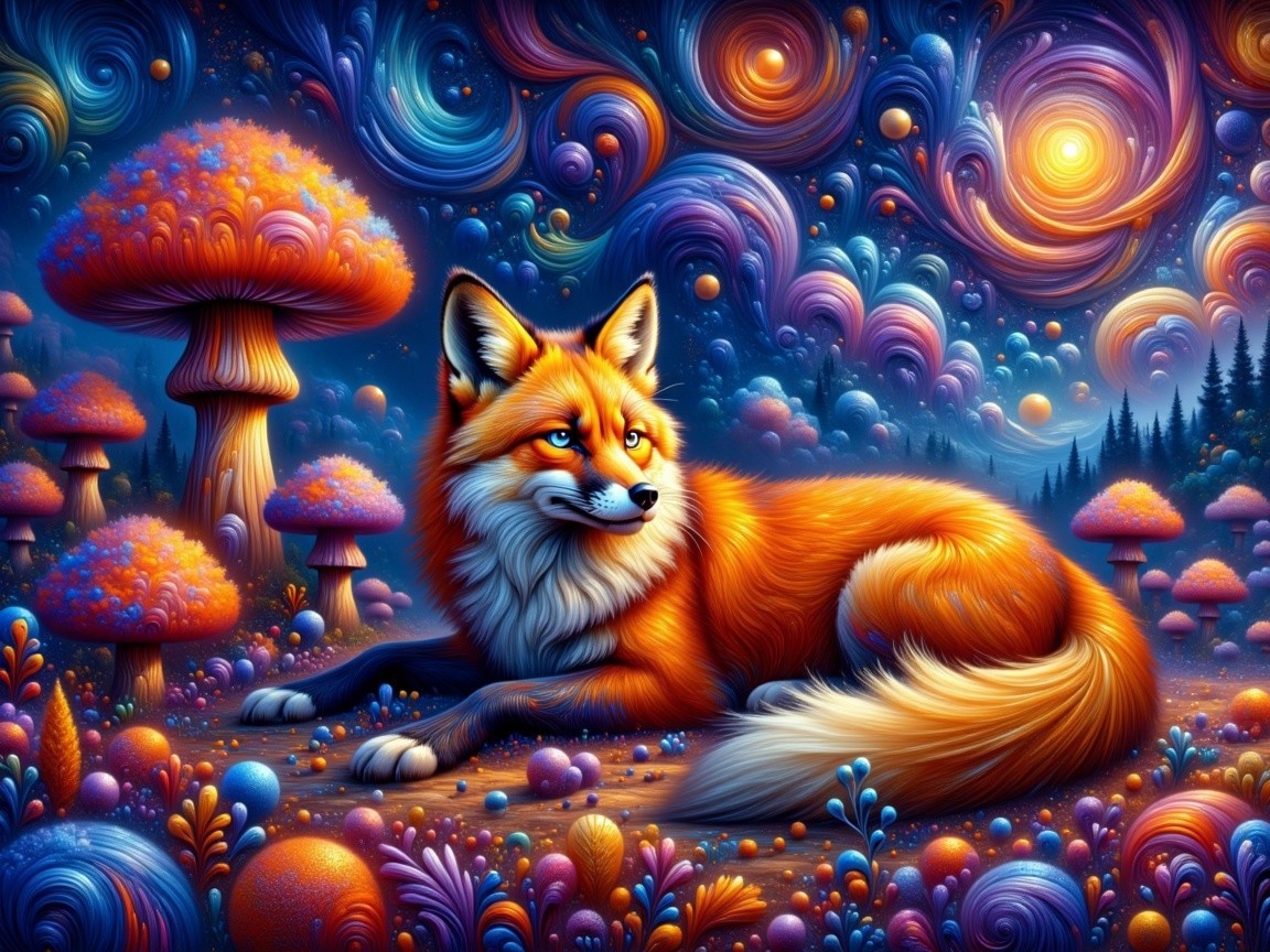 Colorful Fox Among Whimsical Mushrooms and Cosmos