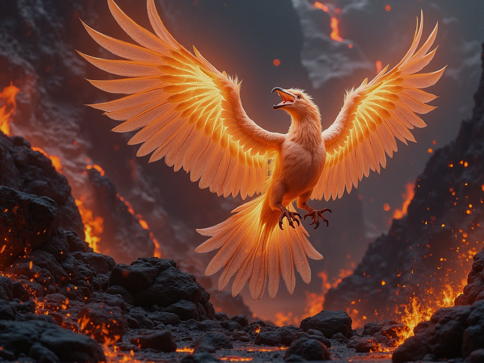 Phoenix in Fiery Landscape with Molten Lava Backdrop