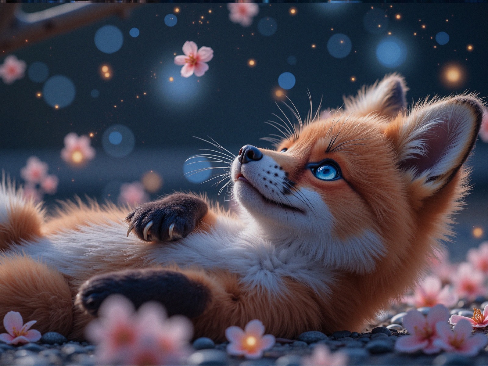 Red fox lying in cherry blossoms with dreamy background