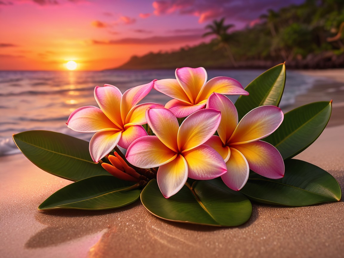 Vibrant Plumeria Flowers Against a Sunset Background