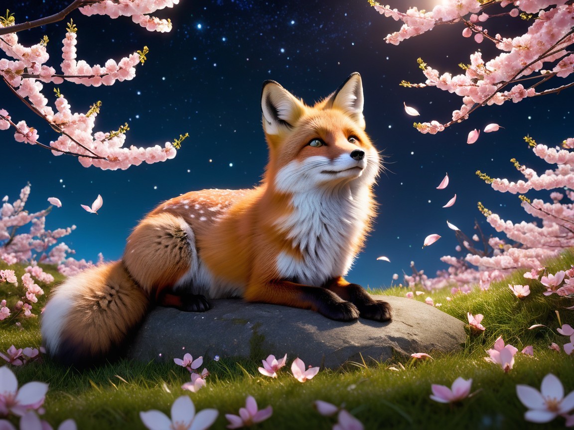 Fox on Rock Surrounded by Cherry Blossoms at Night
