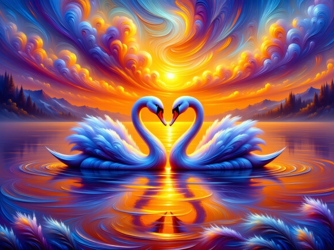 Swans Form Heart Shape at Sunset on Serene Lake