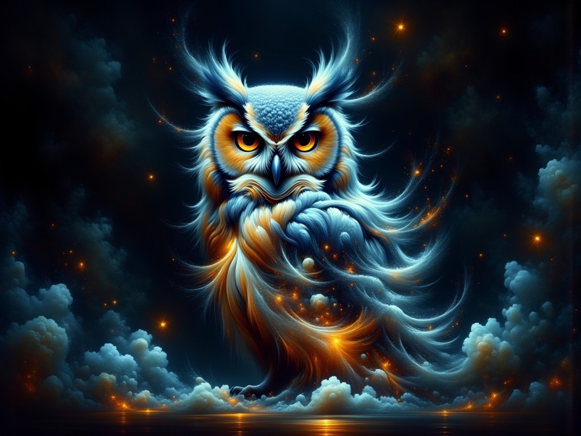Majestic owl with vibrant plumage in starry night