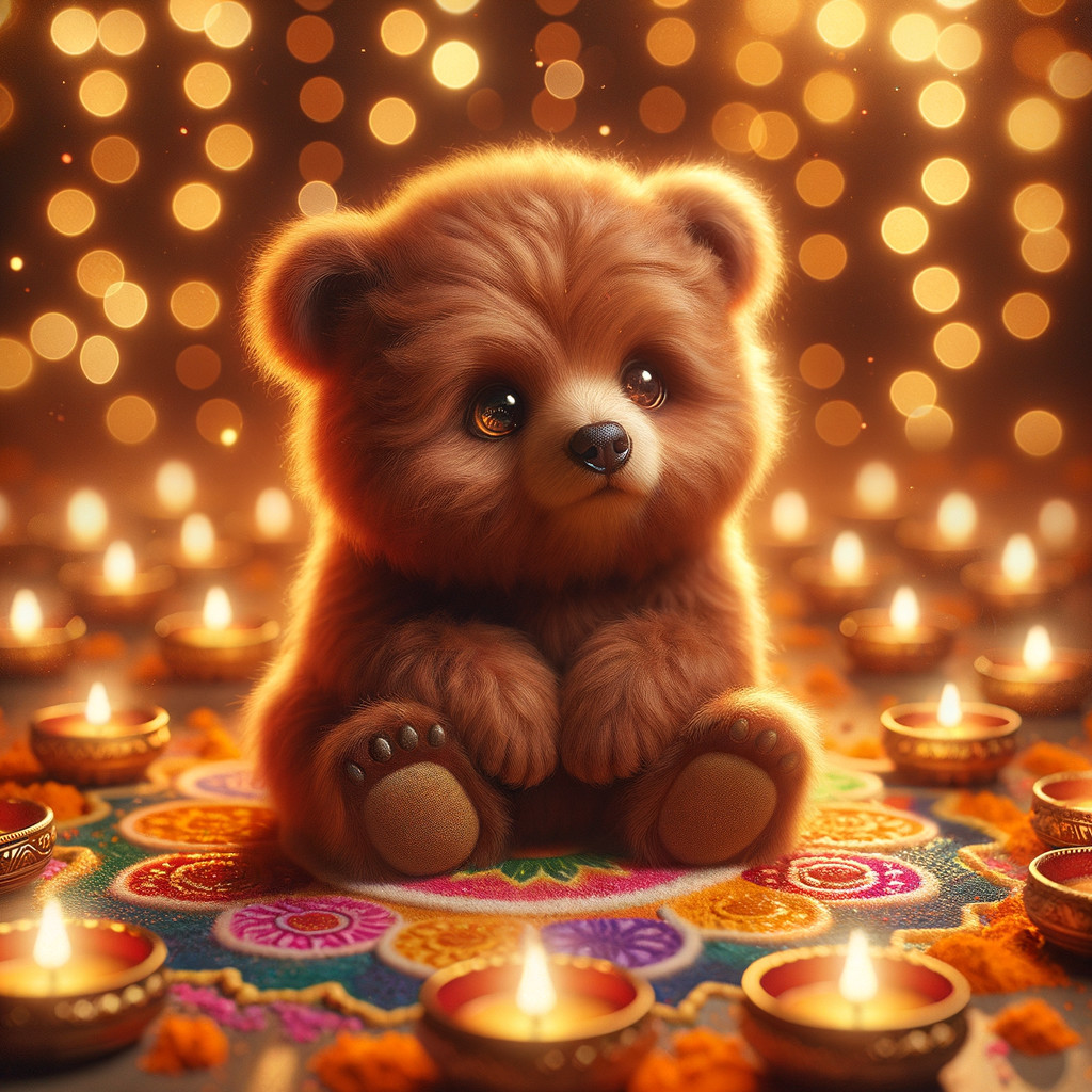 Fluffy Bear Surrounded by Candles and Marigold Petals