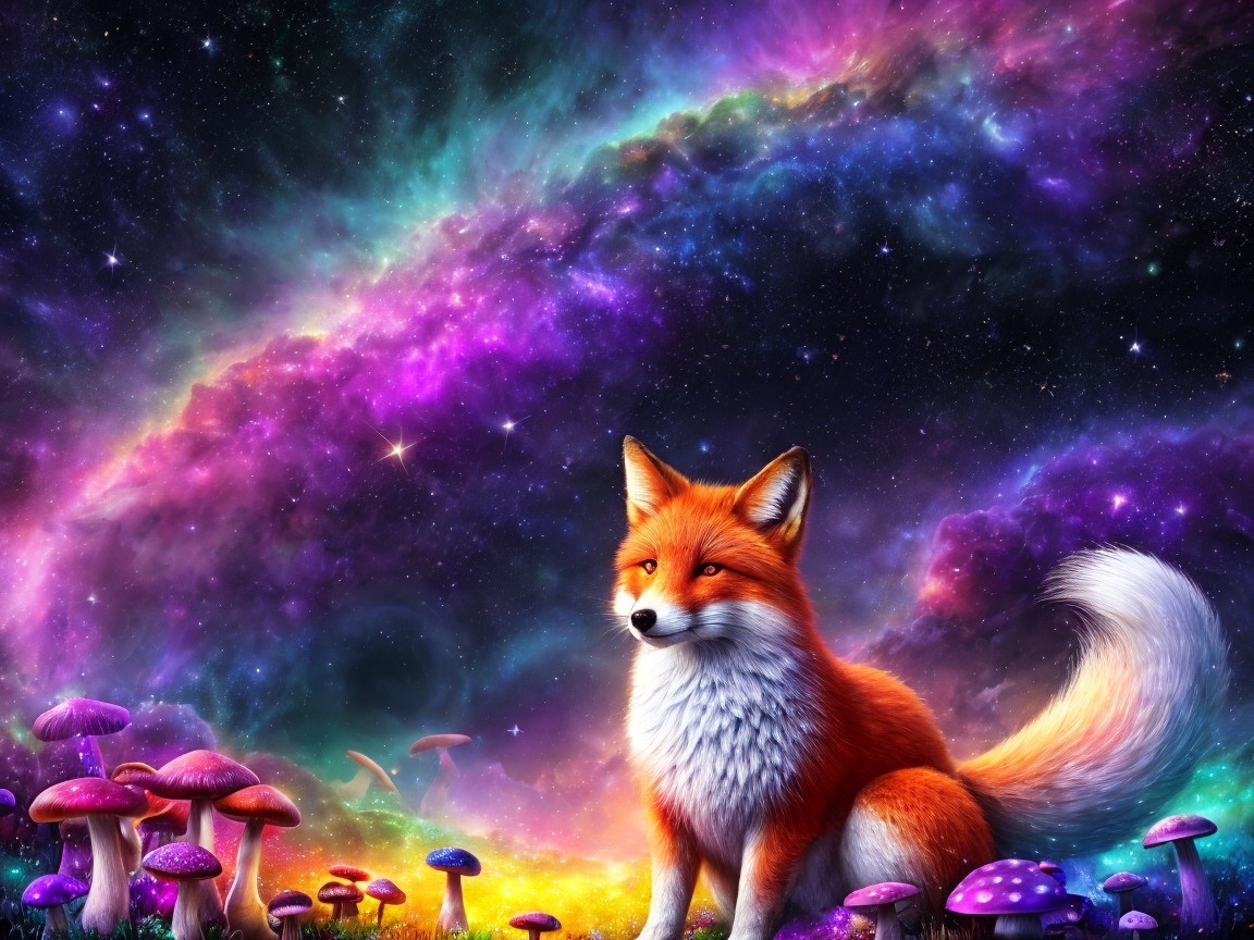 Majestic fox in a vibrant cosmic scene with mushrooms