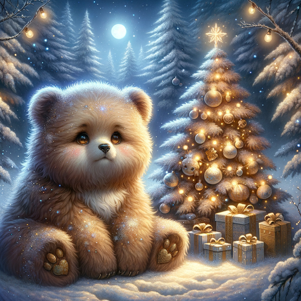 Fluffy Brown Teddy Bear on Snowy Ground with Tree