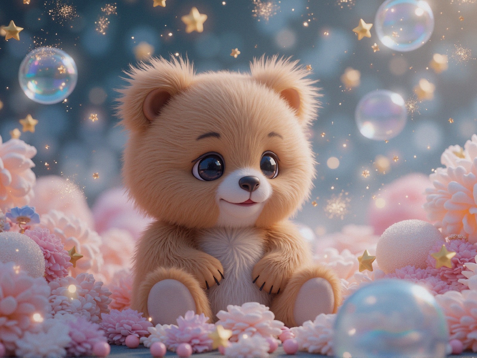 Fluffy bear cub in pink flowers and shimmering bubbles