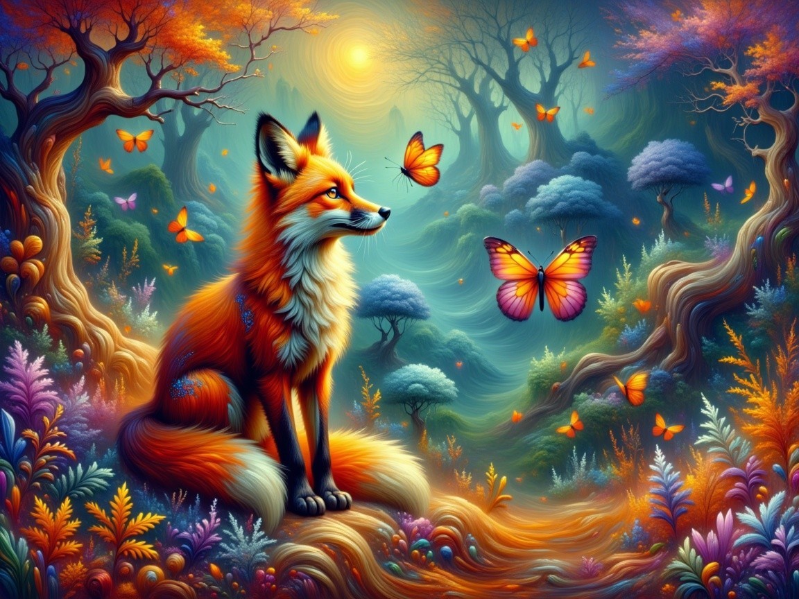 Vibrant Forest Scene with Colorful Trees and Fox