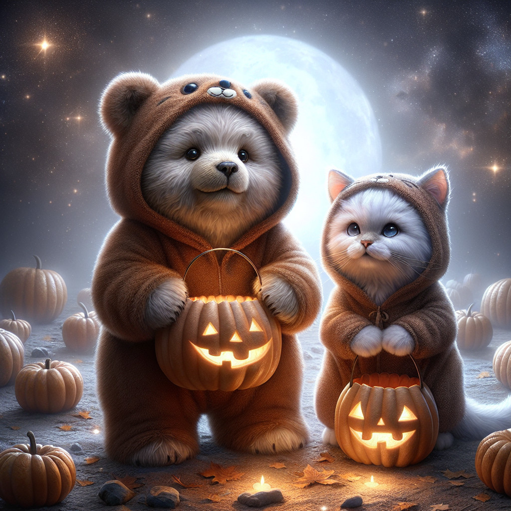 Whimsical Halloween Scene with Teddy Bear and Cat