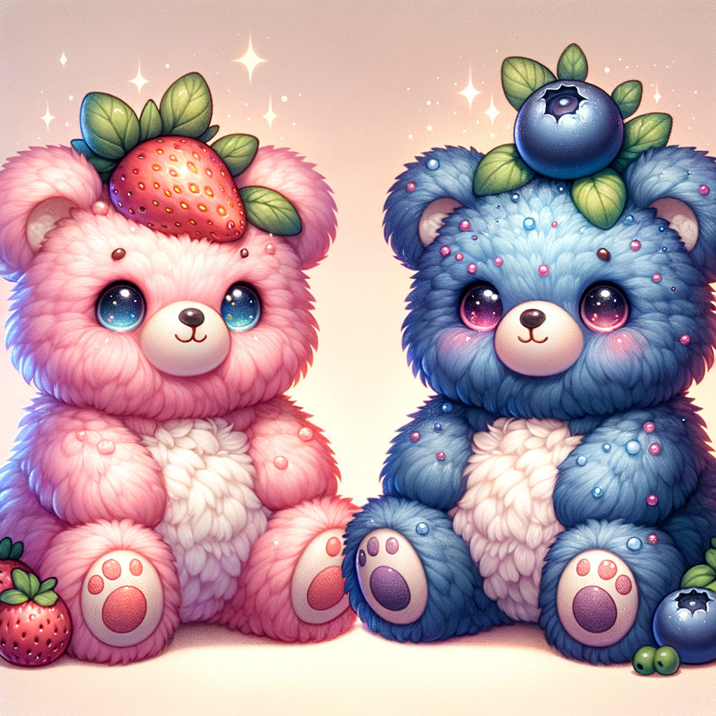 Fluffy Teddy Bears with Fruit Crowns and Playful Expressions