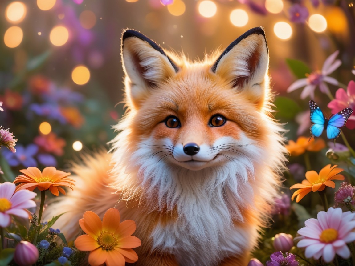 Charming fox in a vibrant meadow with butterflies