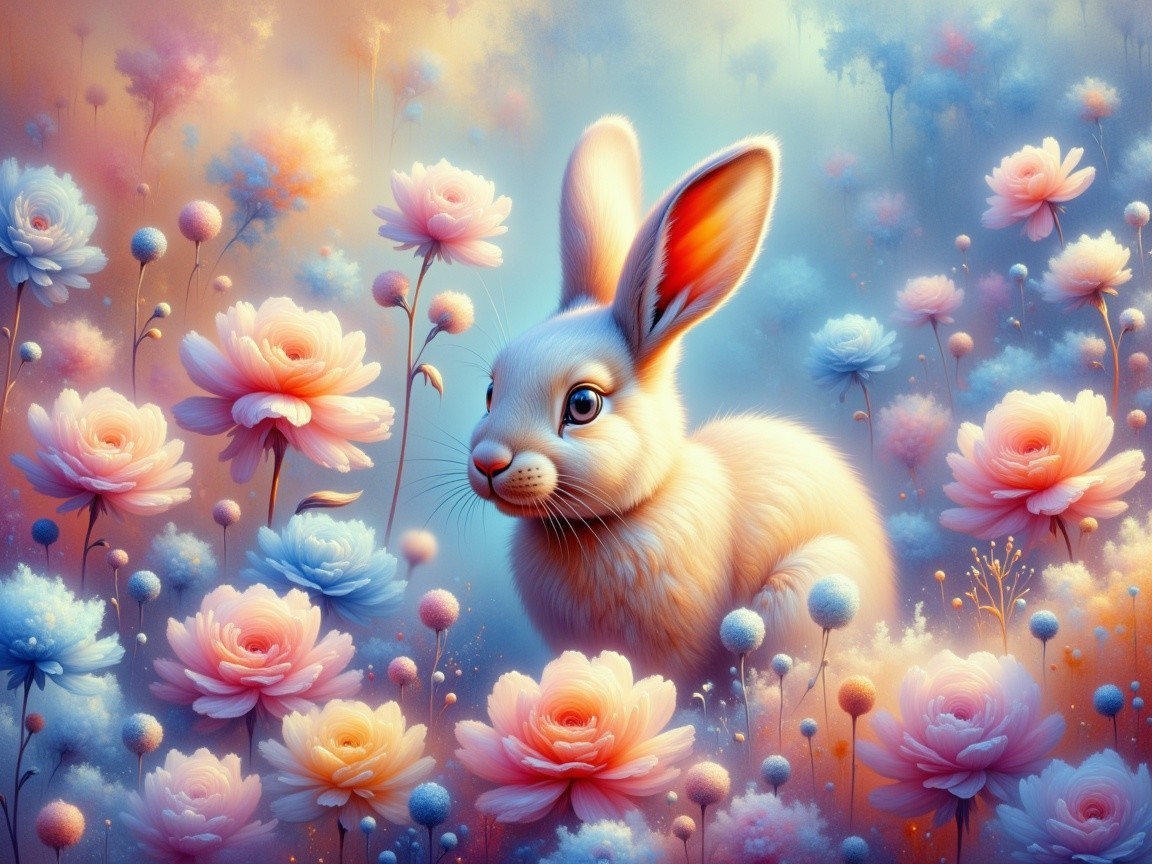 Fluffy White Rabbit in Dreamy Floral Landscape