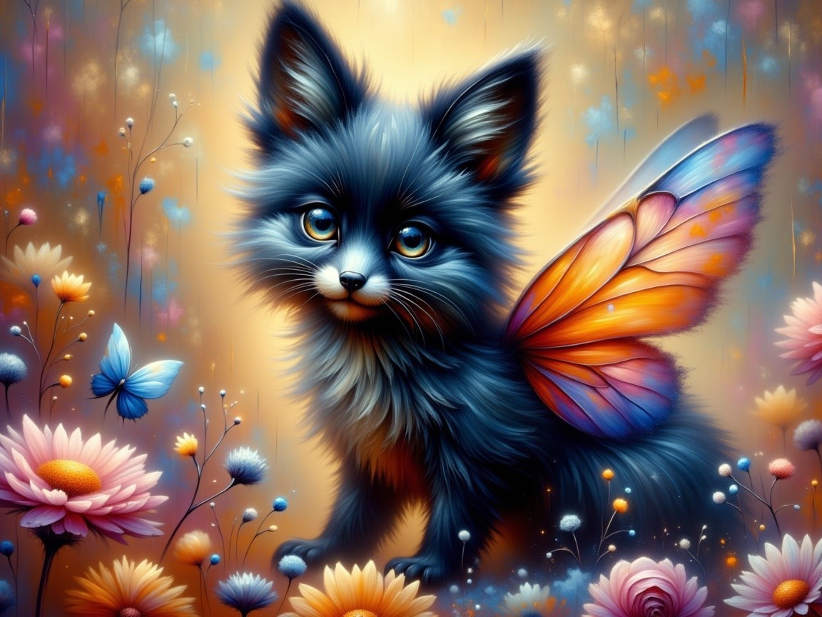 Whimsical Black Fox with Fairy Wings