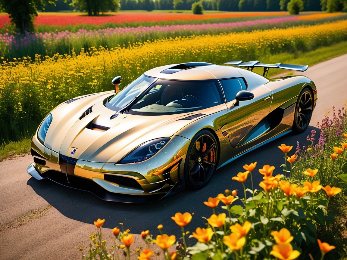 Golden Hypercar on Serene Country Road with Wildflowers