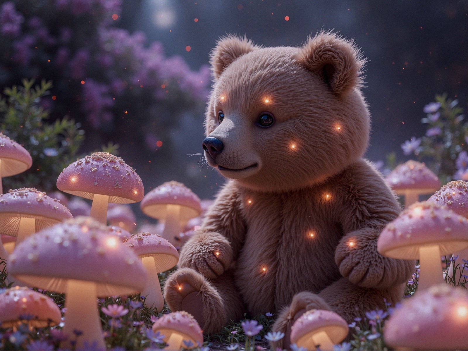 Fluffy Teddy Bear Among Glowing Mushrooms in Forest