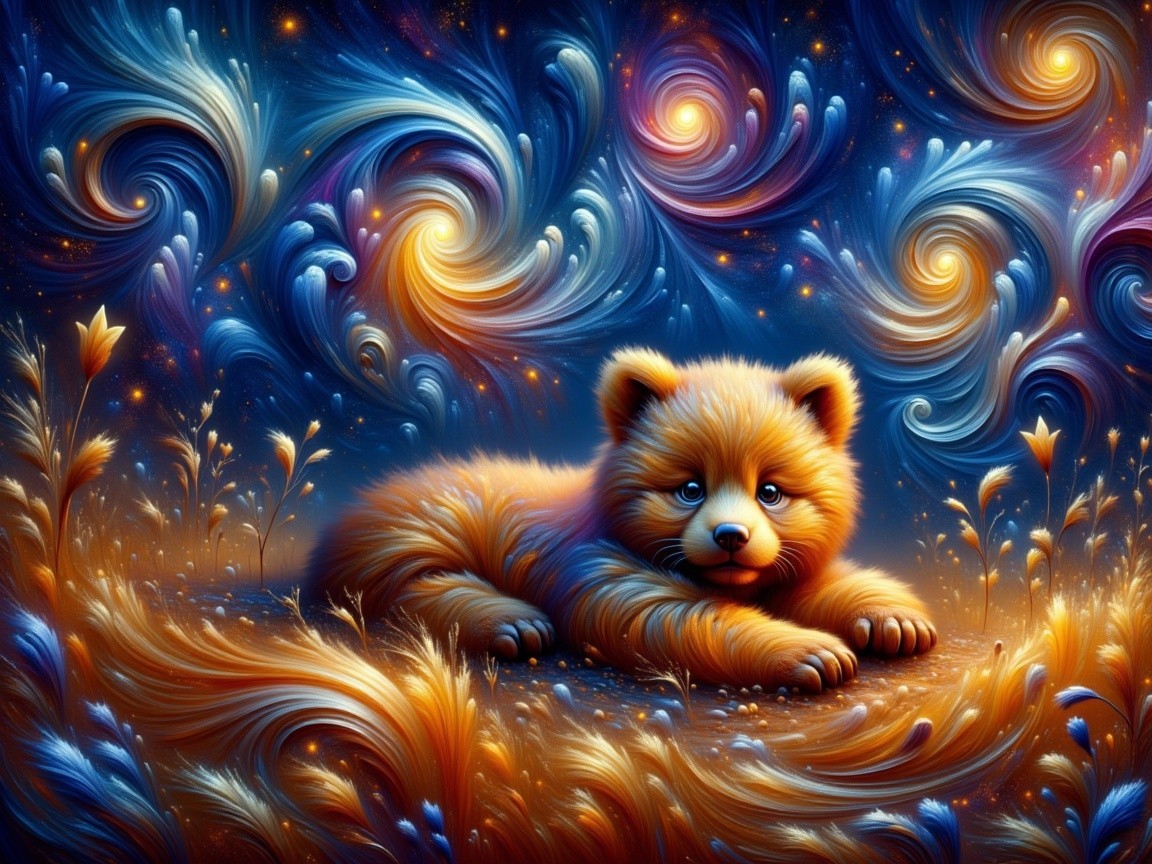 Fluffy Orange Creature in Cosmic Dream Landscape