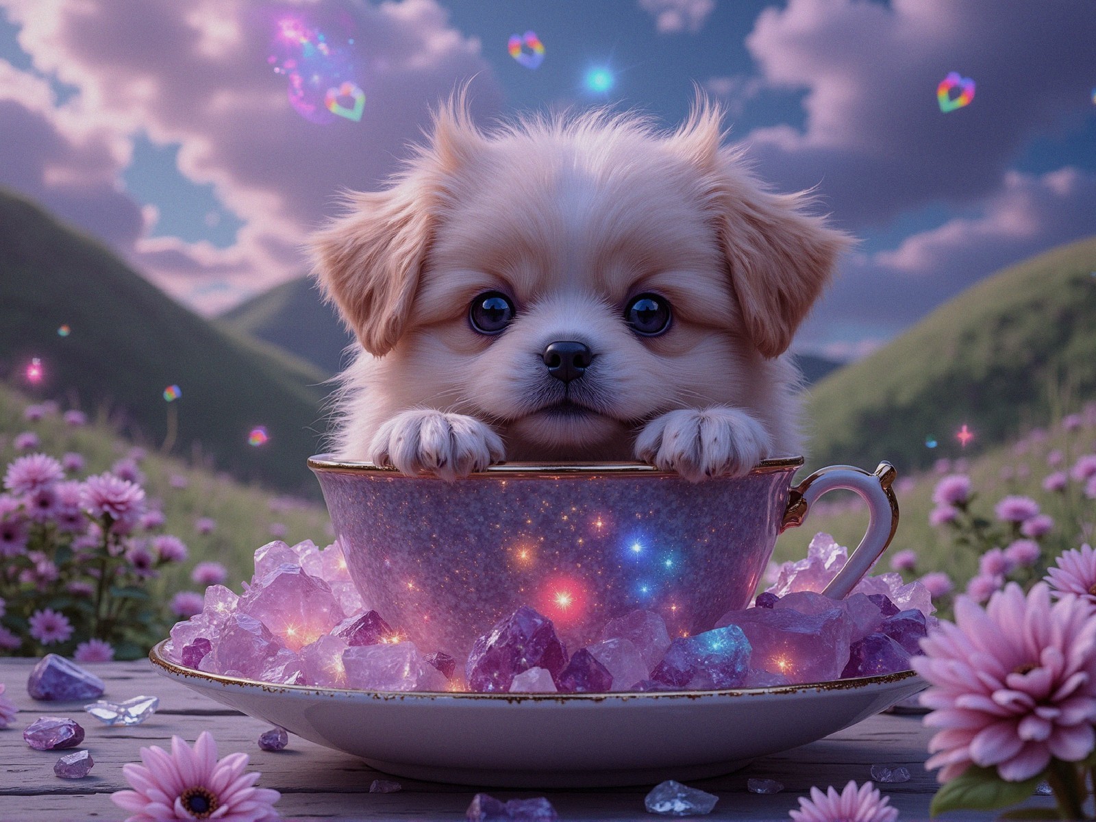 Fluffy Puppy in Cup Surrounded by Flowers and Crystals