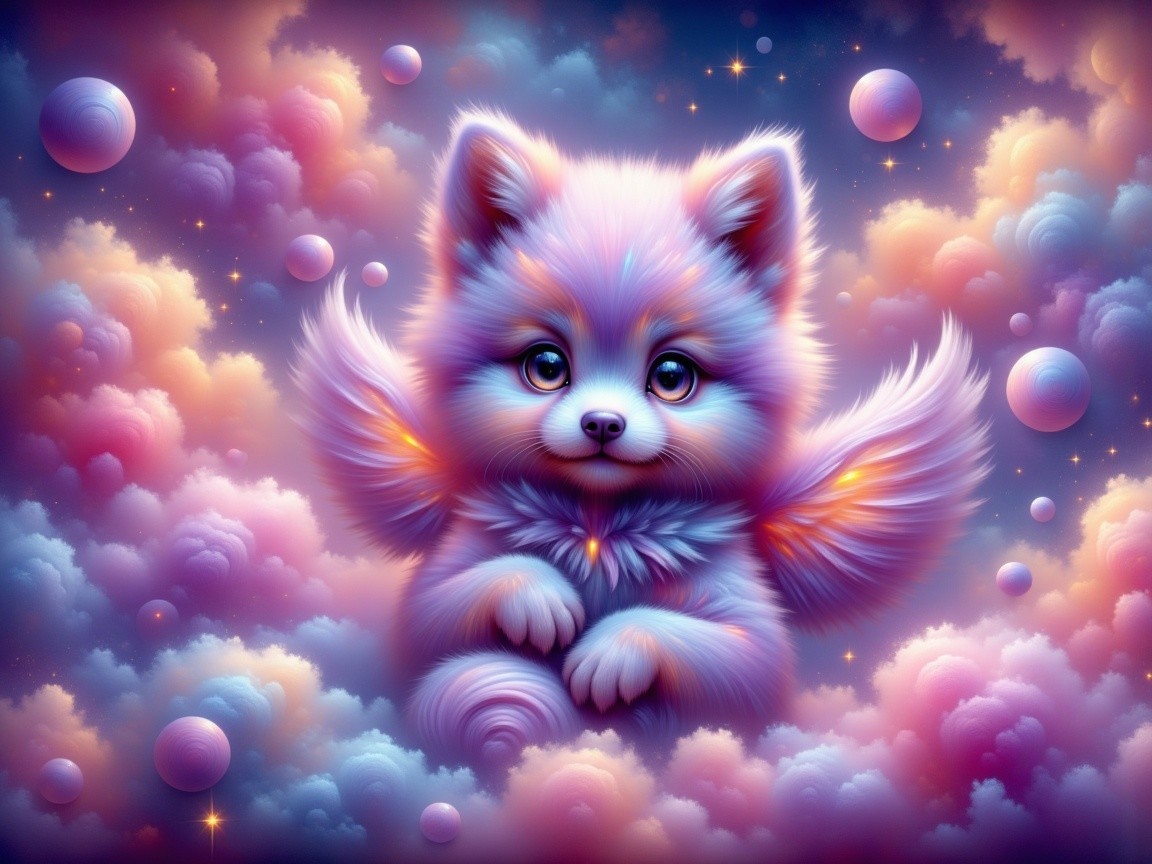 Pastel-colored fluffy creature among dreamy clouds