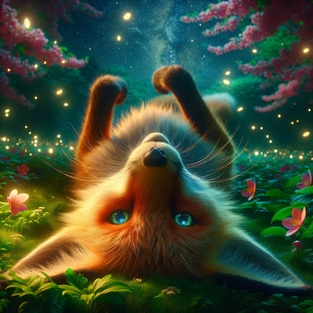 Whimsical fox in a vibrant field with flowers and lights