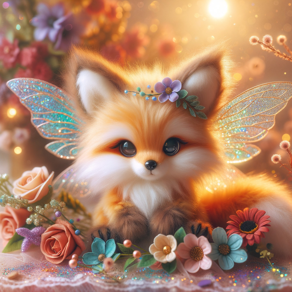 Fluffy Fox with Wings Surrounded by Colorful Flowers