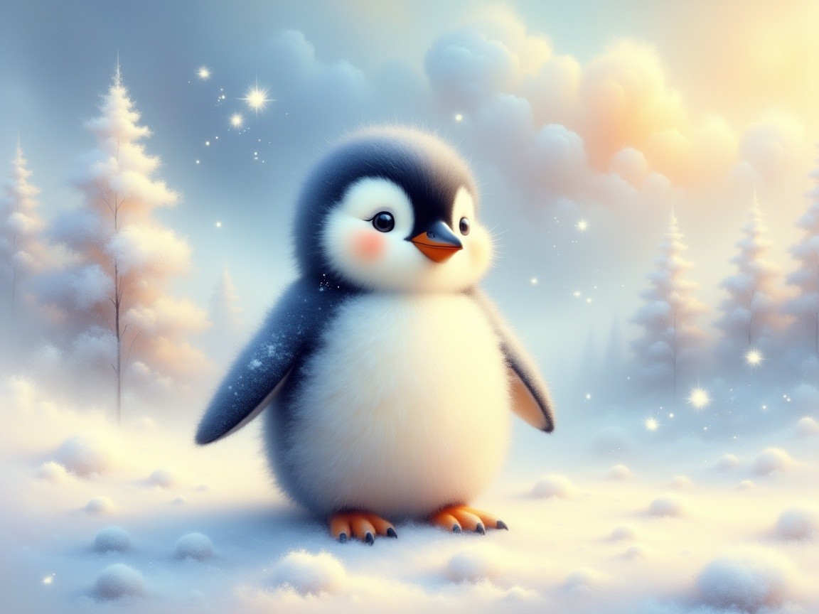 Fluffy Penguin in a Snowy Winter Wonderland Scene