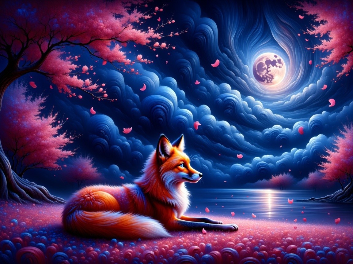 Serene fox on a flower-strewn bank under moonlight
