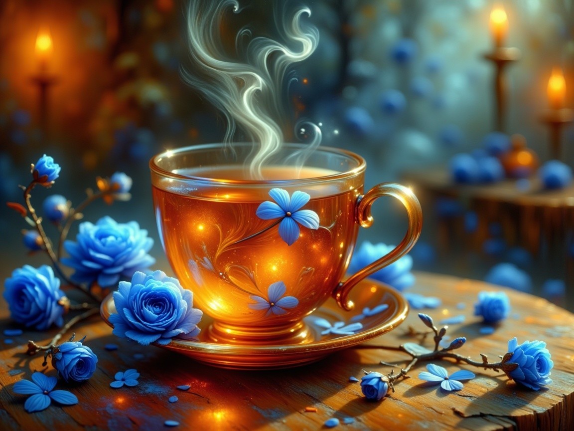 Delicate tea cup with floral patterns on wooden table