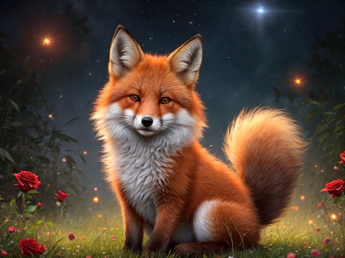 Realistic fox against starry night and roses