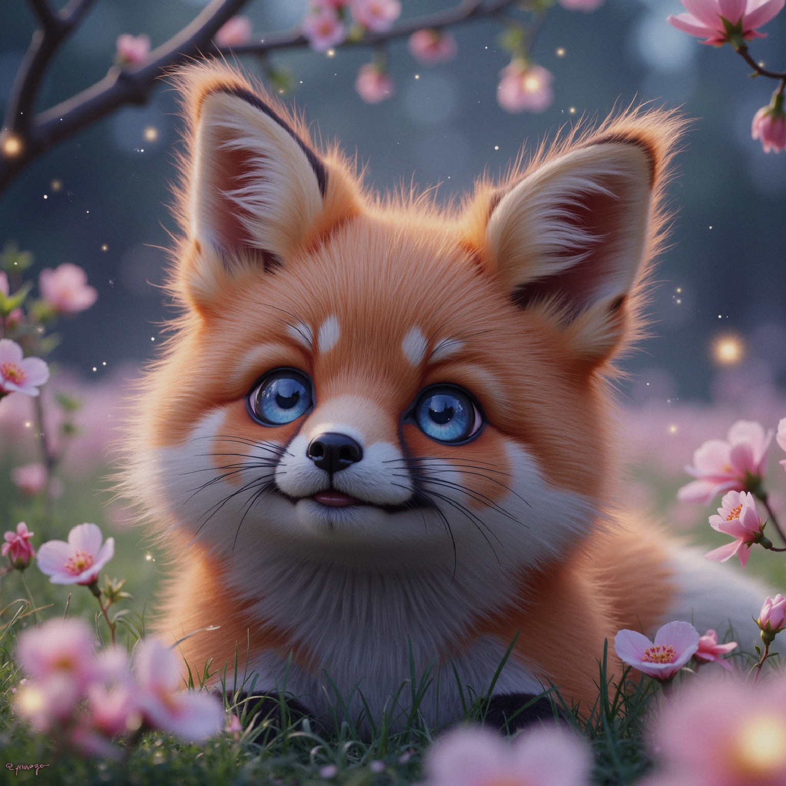 Cartoon Fox in a Field of Pink Blossoms