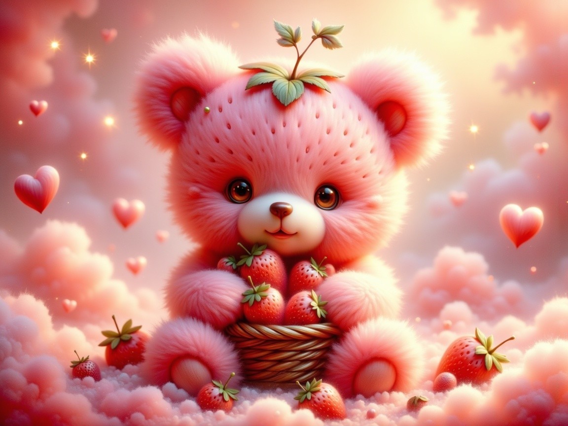 Fluffy Pink Bear with Strawberries in Cloudy Setting