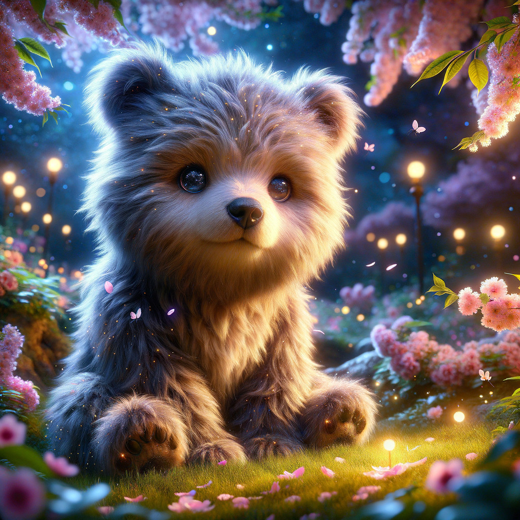 Fluffy Bear-Like Creature in Enchanting Garden Scene