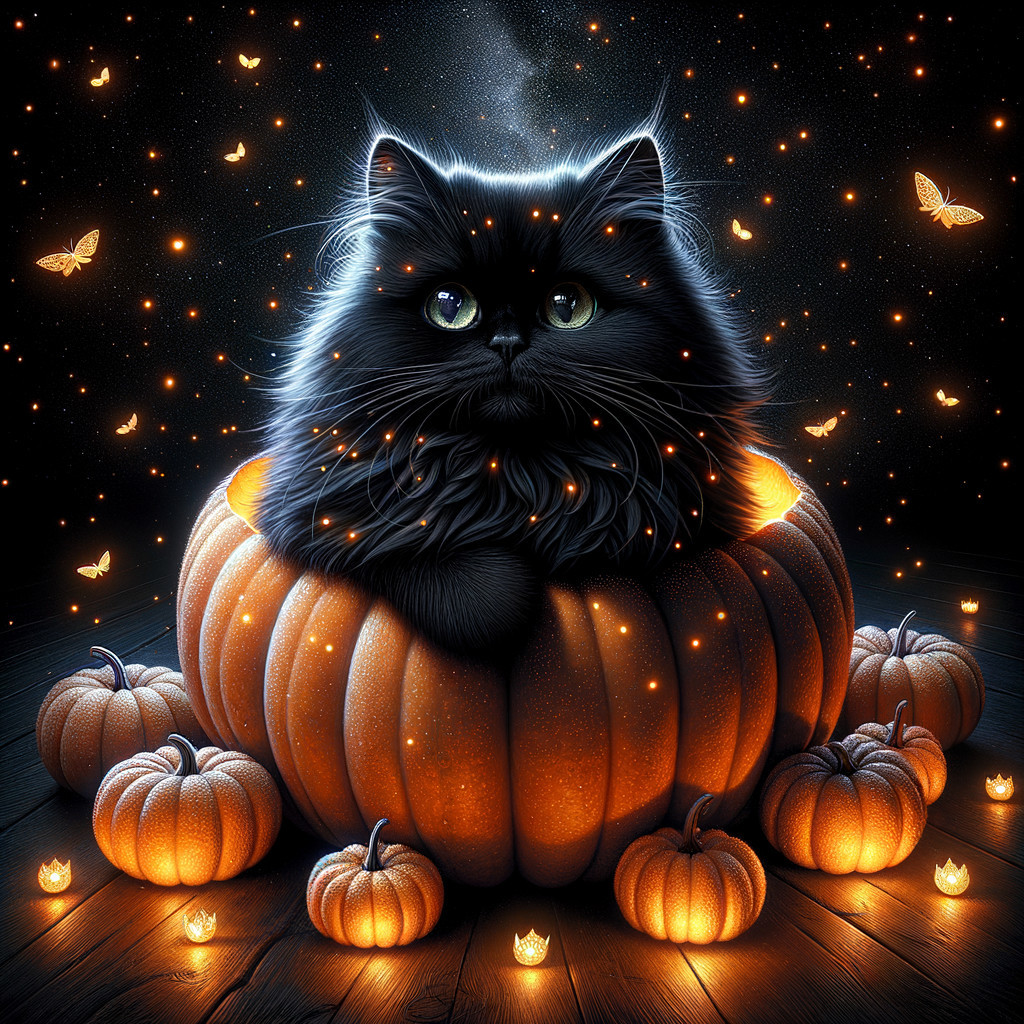 Fluffy Black Cat in Glowing Pumpkin with Butterflies
