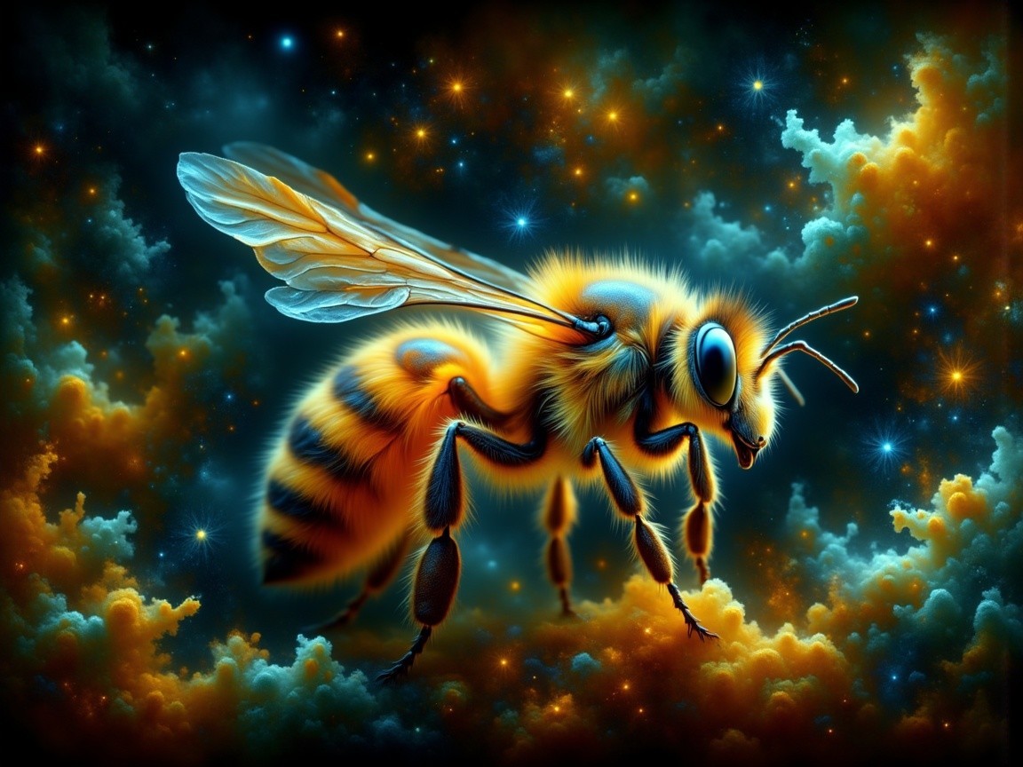 Surreal Bee Against Cosmic Background with Colorful Clouds