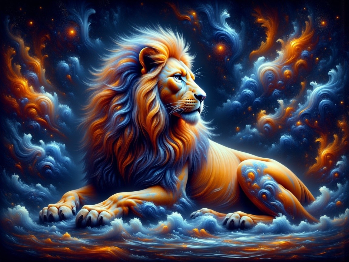 Majestic lion against a vibrant cosmic backdrop
