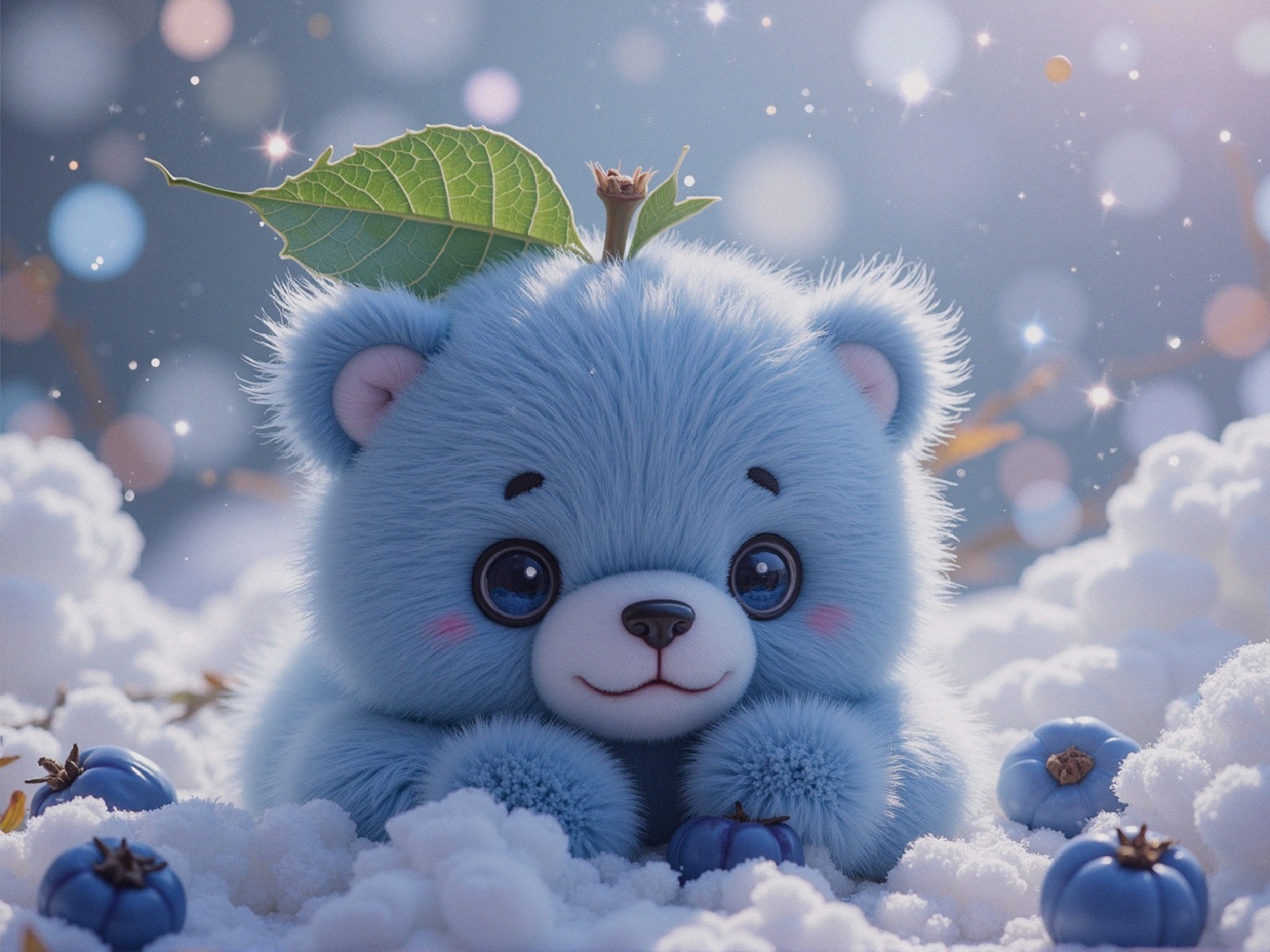 Fluffy Blue Bear Among Clouds and Blueberries