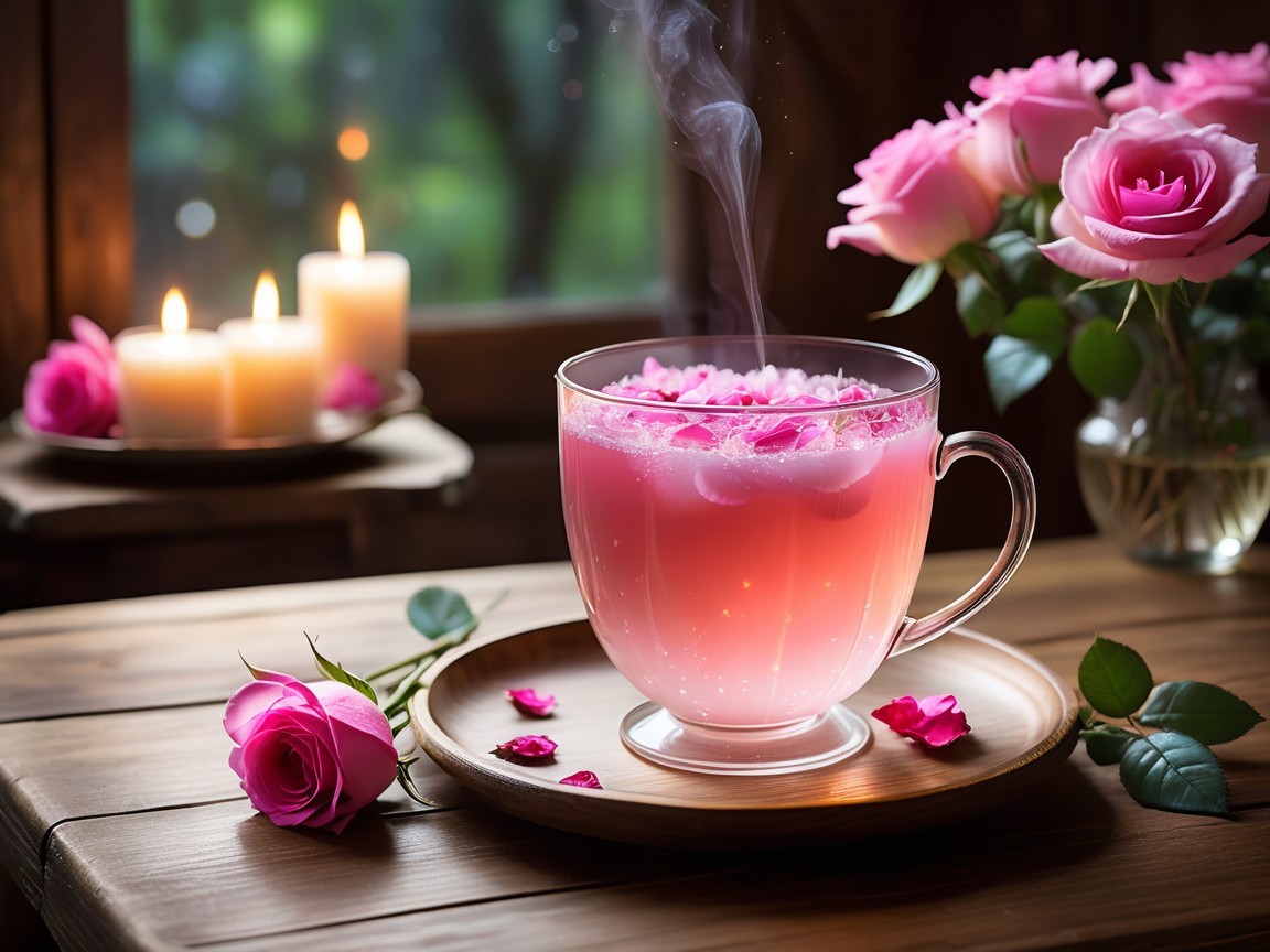 Pink Tea with Rose Petals on a Wooden Table