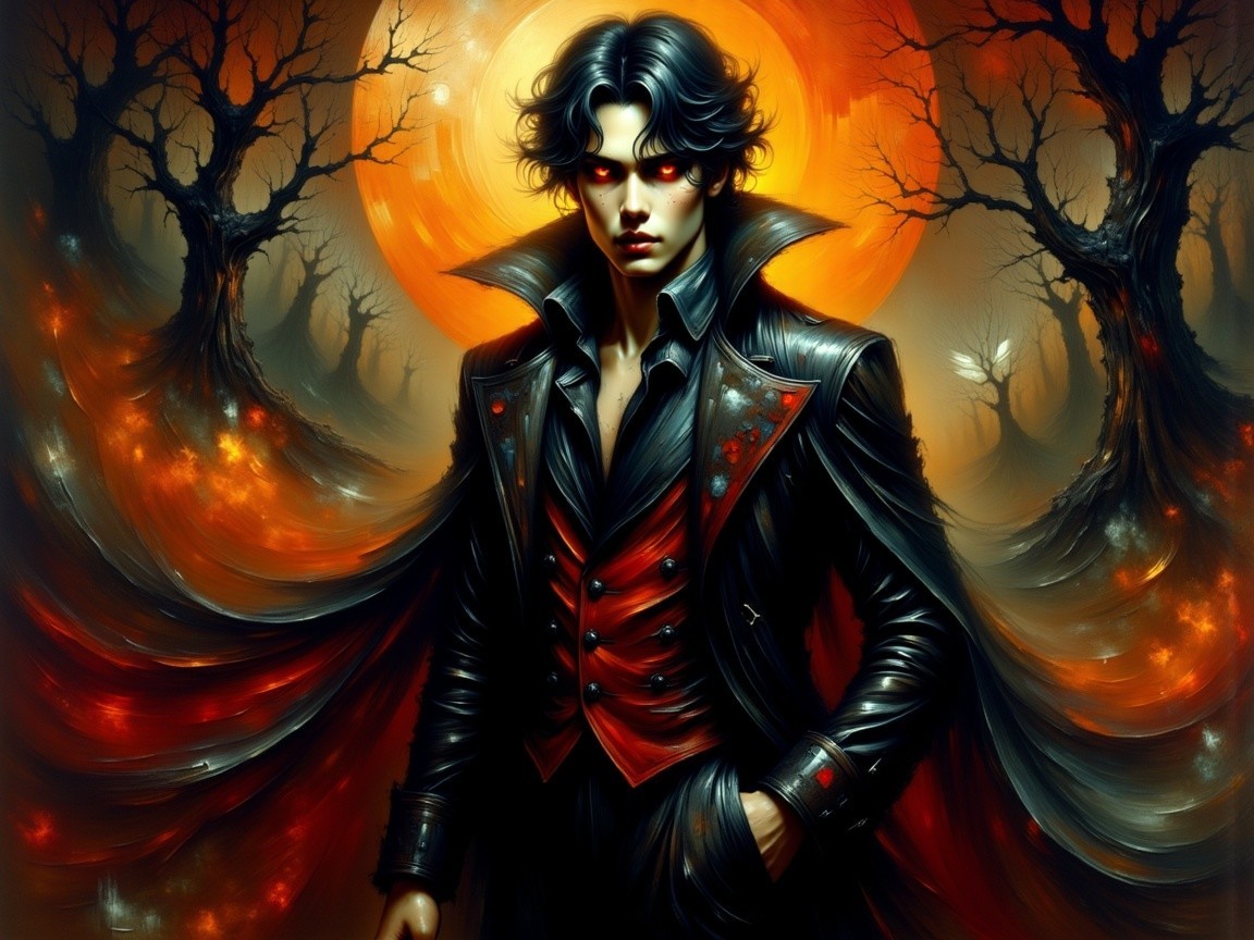Gothic Figure in Haunting Landscape with Fiery Moon