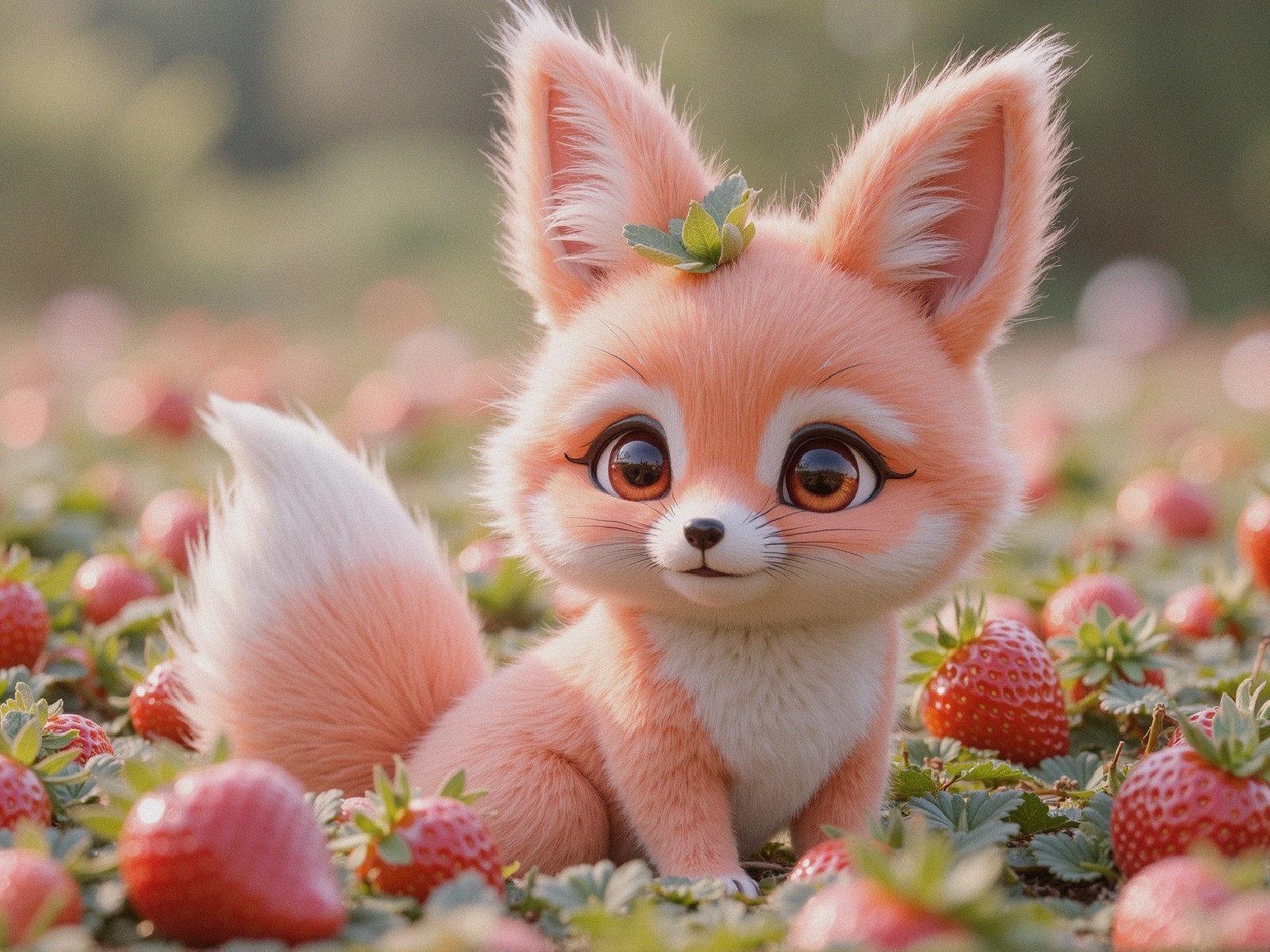 Fluffy fox character in a strawberry field scene