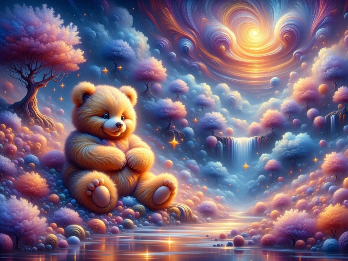 Whimsical Landscape with Teddy Bear by Flowing River