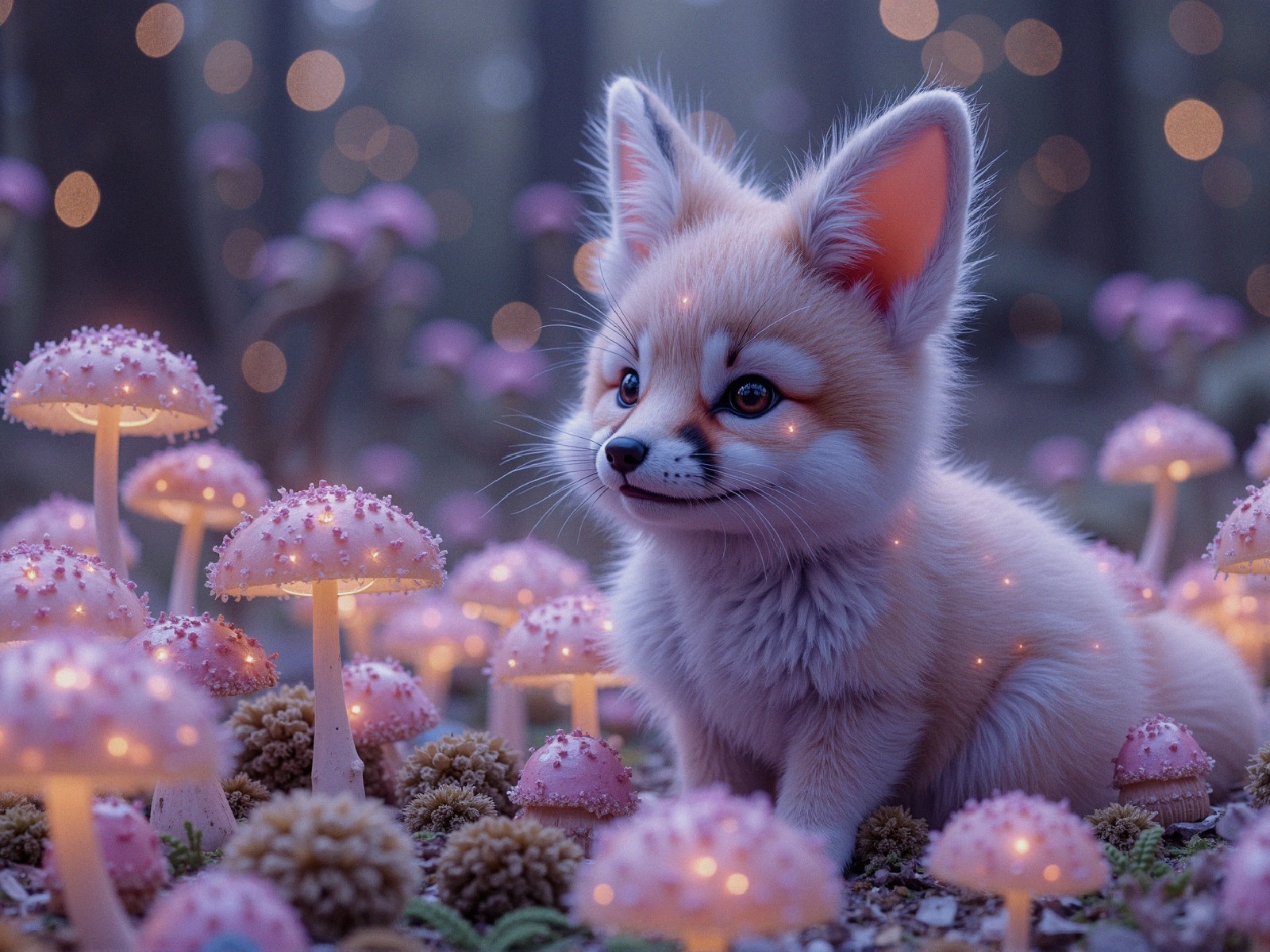 Fox Pup in Whimsical Forest with Glowing Mushrooms