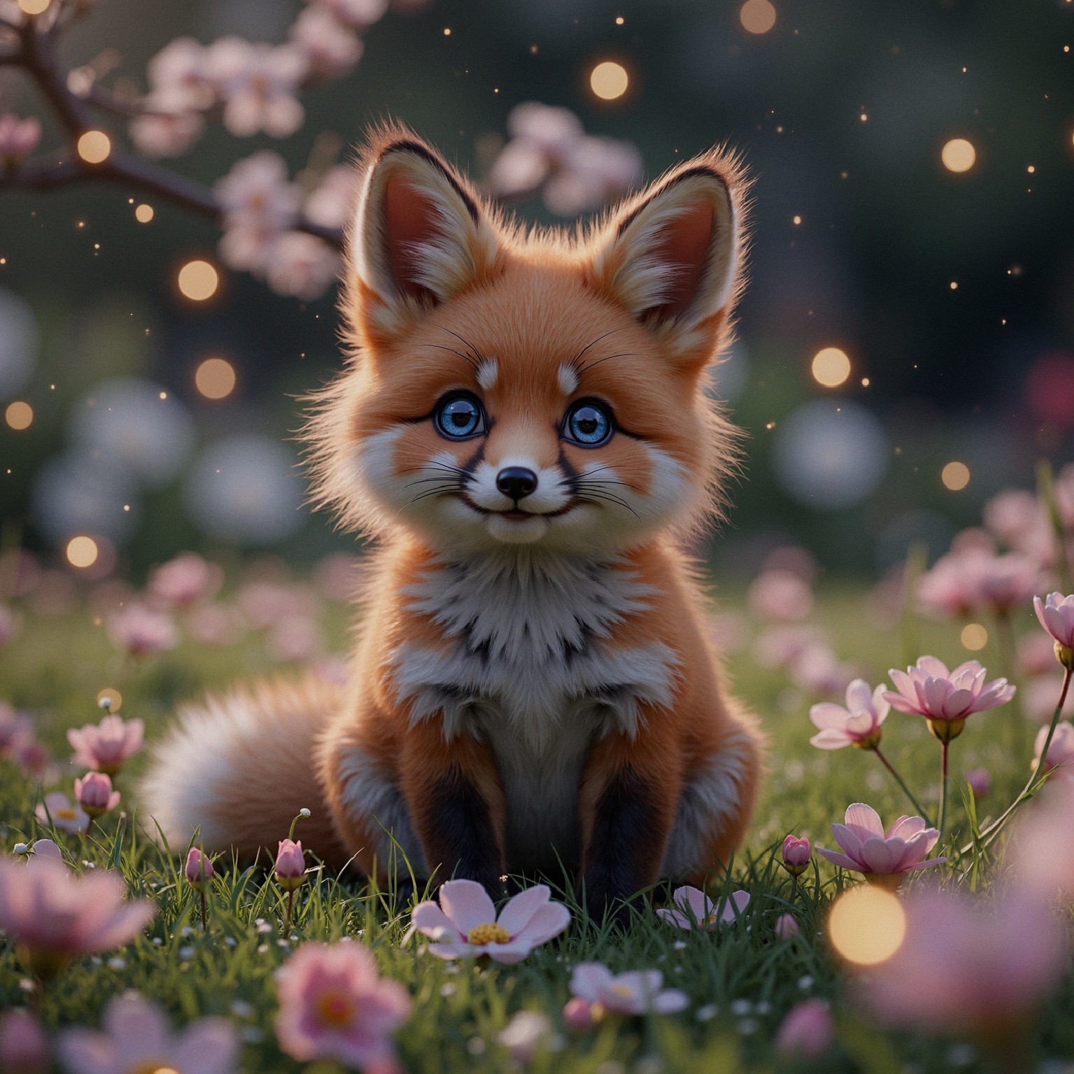 Cartoon Fox in Meadow with Pink Flowers and Lights